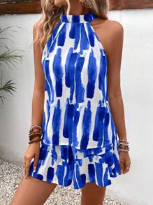 SHEIN VCAY In Bàn chải Áo hai dây & Xù Hoa Sen Quần short - Màu xanh lam - Xem 3