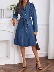 SHEIN Frenchy Ruffle Trim Belted Denim Dress Winter Casual