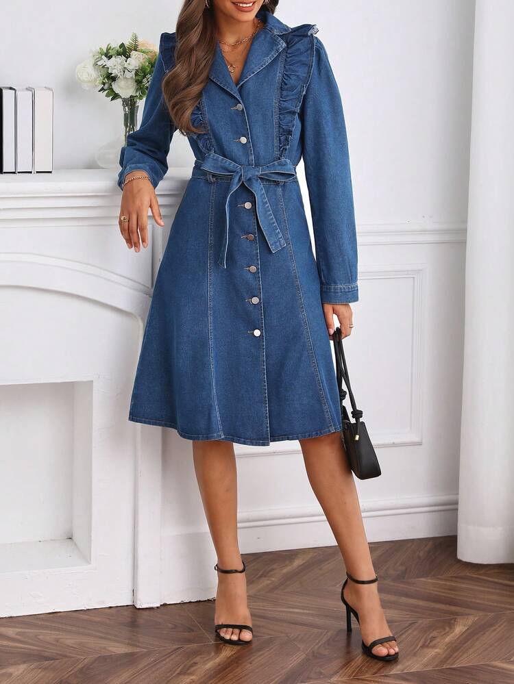 Ruffle Trim Belted Denim Dress Winter Casual