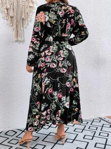 SHEIN LUNE Plus Floral Print Lantern Sleeve Split Thigh Dress - Black - View 2