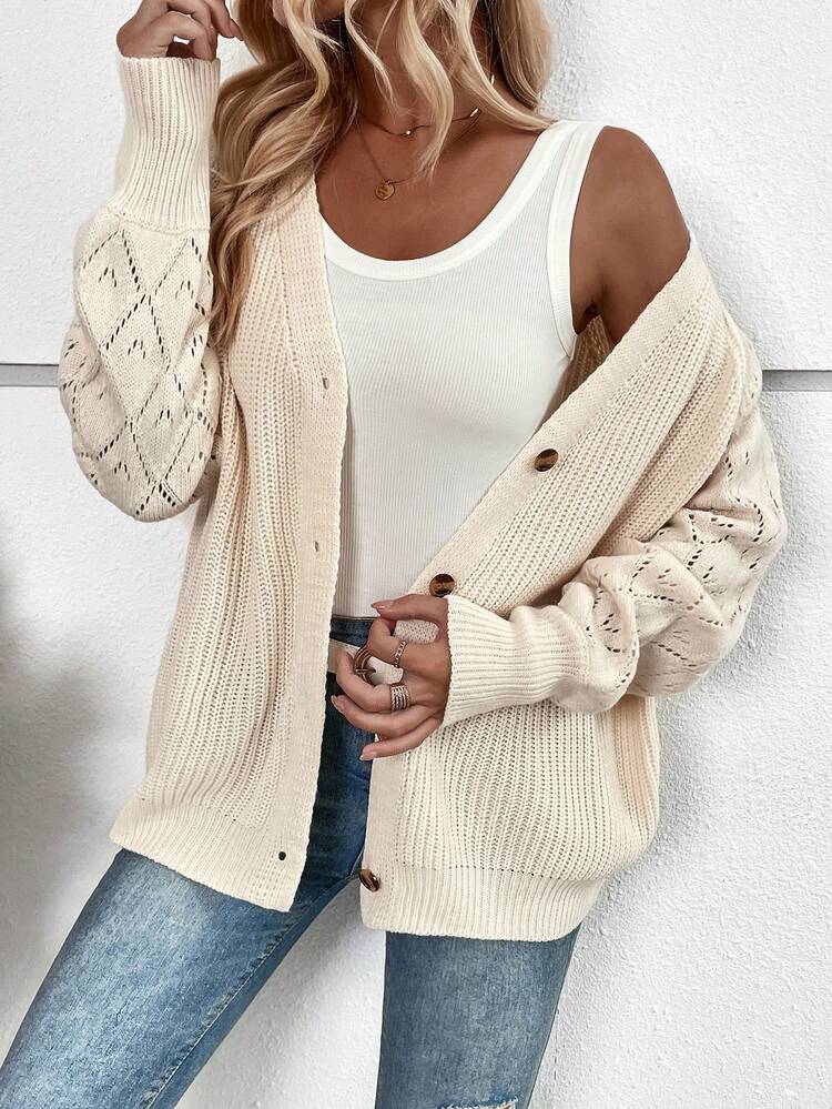 SHEIN LUNE Cárdigan de manga raglán con botón delantero de punto de malla - Albaricoque - Añade 6