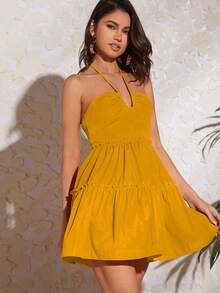 SHEIN VCAY Tie Backless Ruffle Hem Halter Dress - Yellow - View 4