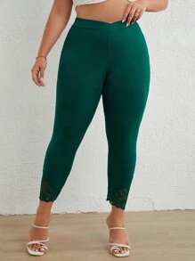 SHEIN LUNE 大碼蕾絲拼接緊身打底褲 - 墨綠色 - 查看 3