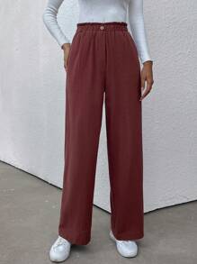 SHEIN LUNE Nếp gấp cao eo Túi nghiêng Quần - Cà phê nâu - Xem 4