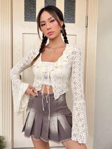 SHEIN Qutie Ruffle Trim Flounce Sleeve Knot Front Crop Blouse - Beige - View 1