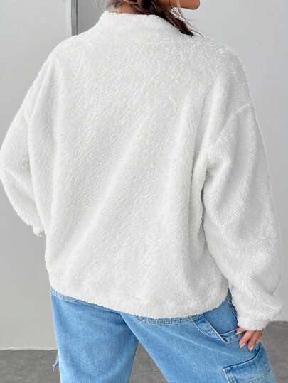 SHEIN EZwear Sudadera con parche de letra de cuello cisne de hombros caídos teddy