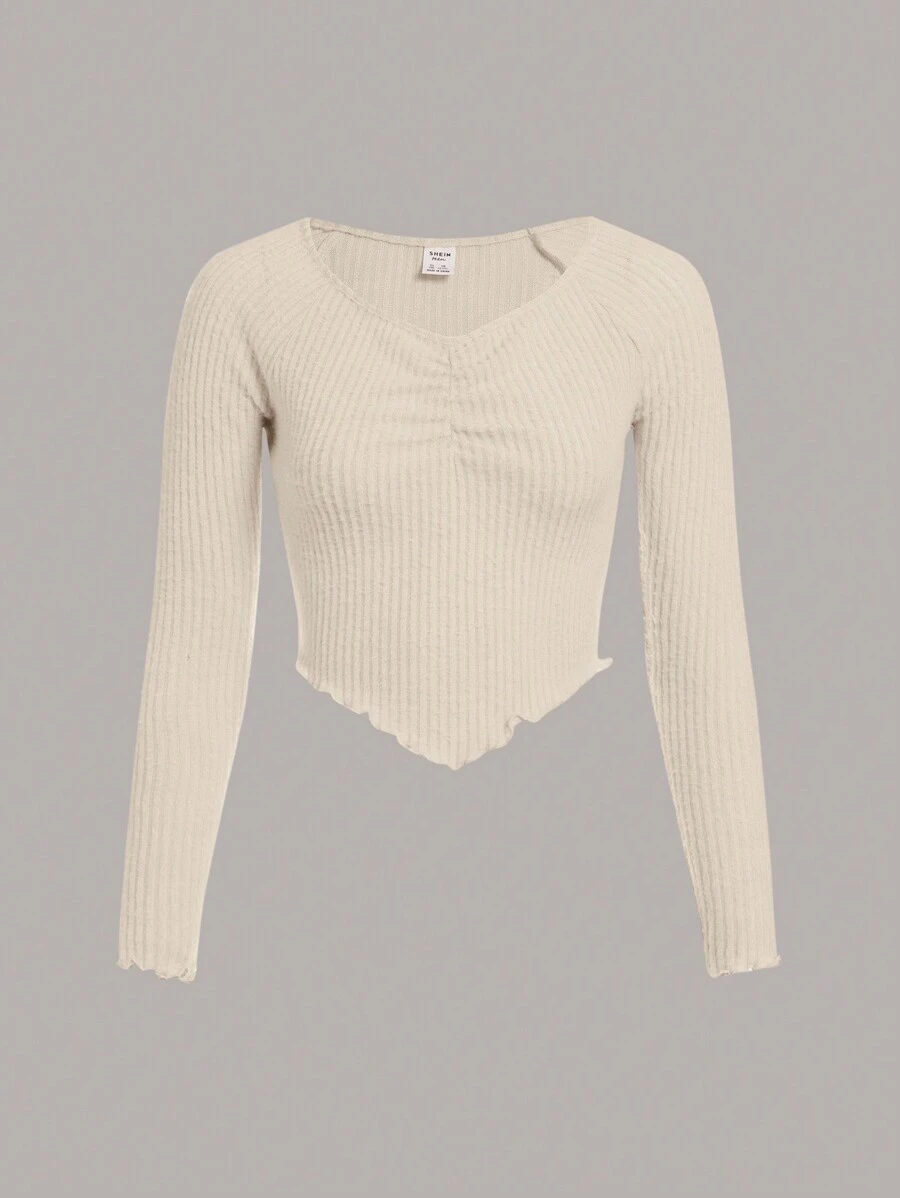 SHEIN Teen Girl Ruched Bust Lettuce Trim Hanky Hem Tee - Beige - View 1