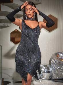 Vintage Asymmetrical Neck Fringe Trim Sequin Bodycon Party Club Dress