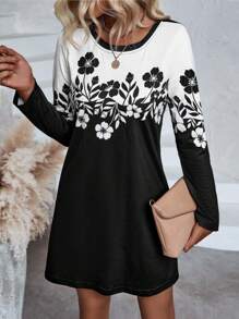 SHEIN LUNE Floral Print Colorblock Tee Dress - Black - View 1