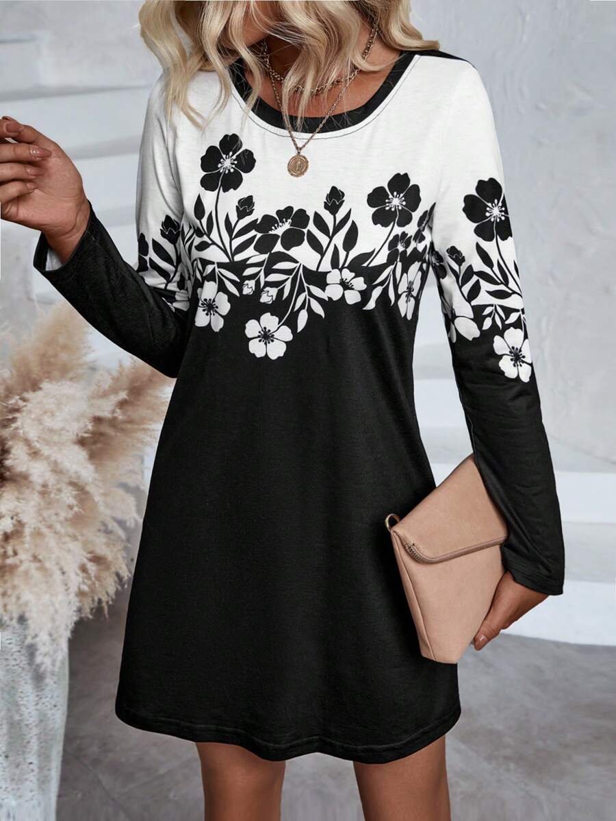 SHEIN LUNE Floral Print Colorblock Tee Dress - Black - View 1