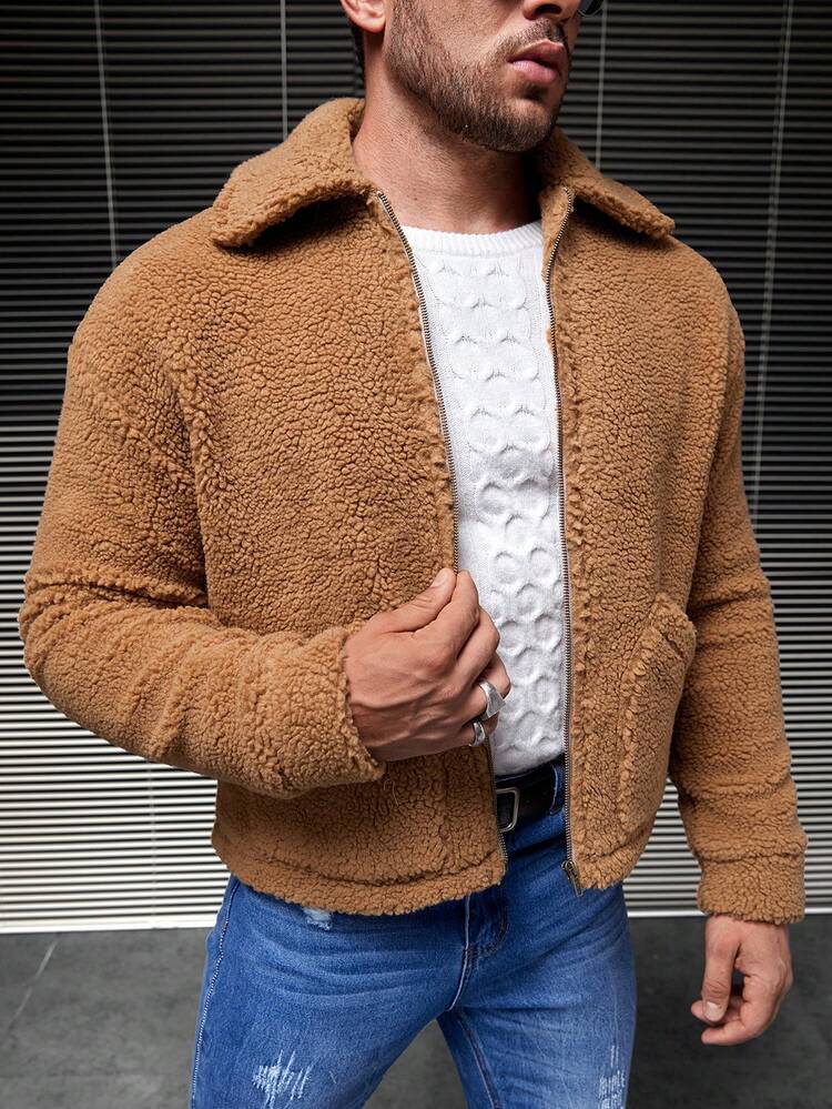 Loose Fit Men's Solid Color Teddy Jacket With Drop Shoulders