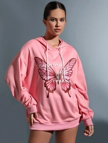 SHEIN Qutie Hình ảnh con bướm và khẩu hiệu Thả vai Dây rút Hoodie - Hồng - Xem 6