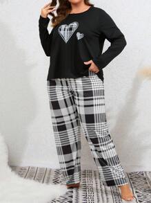 Plus Plaid & Heart Print PJ Set / Pajama Set, Fall Winter Clothes, Cozy Outfit