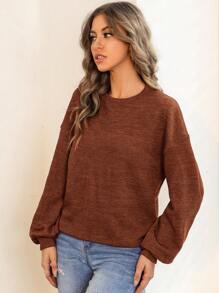 SHEIN Essnce 素色落肩袖運動衫 - 棕色 - 查看 5