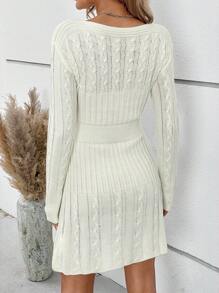 SHEIN Clasi Cable Knit Drop Shoulder Sweater Dress - White - View 2