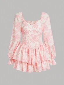 SHEIN Leap Crew 青少年女孩印花荷葉袖層疊下擺洋裝 - 彩色 - 查看 1