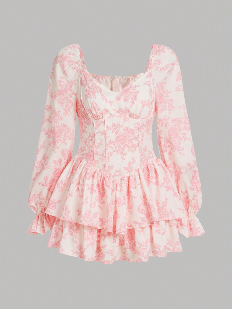 SHEIN Leap Crew 青少年女孩印花荷葉袖層疊下擺洋裝 - 彩色 - 查看 1