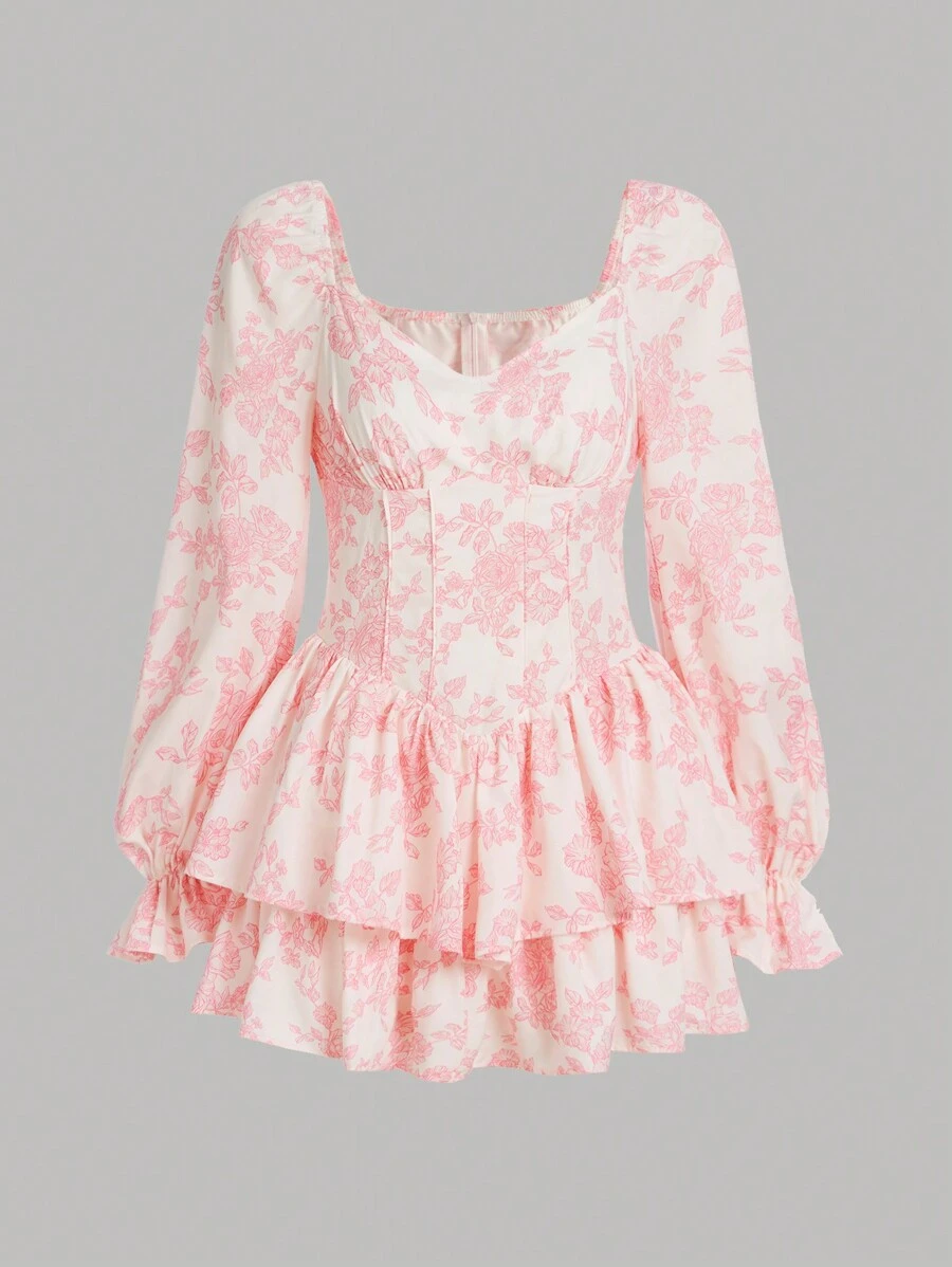 SHEIN Leap Crew 青少年女孩印花荷葉袖層疊下擺洋裝 - 彩色 - 查看 1