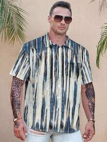 Manfinity Homme 男士加大碼寬鬆毛刷印花鈕扣衫，短袖領口圖形彩色復古襯衫 - 彩色 - 查看 4