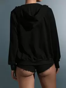 SHEIN Unity Graphic Print Zip Up Drawstring Hoodie Pullover Fall Outfit - Black - View 2