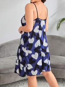 Plus Heart Print Contrast Binding Cami Pajama Nightdress - Multicolor - View 2