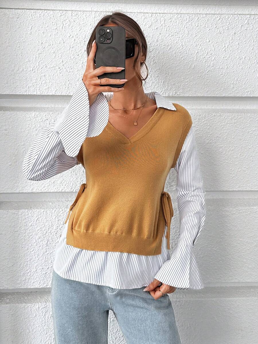 SHEIN Essnce 條紋結側邊二合一毛衣 - 彩色 - 查看 1