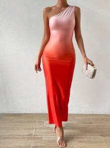 Zolique 漸層單肩褶邊高衩洋裝 - 彩色 - 查看 4