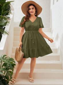 SHEIN VCAY Plus Butterfly Sleeve Ruffle Hem Knot Front Dress - Army Green - View 5