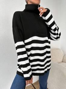 EURMUSE Striped Pattern Quarter Zip Drop Shoulder Sweater - Black and White - View 6