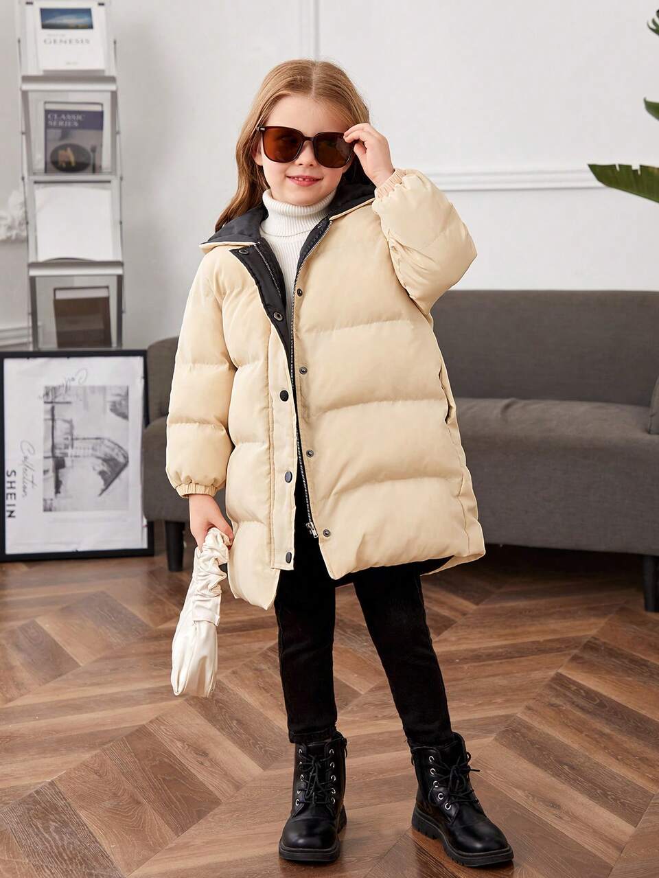 Young Girl Woven Solid Color Hooded Spliced Casual Mid-Thick Padded Coat With Contrasting Lining, Mid-Length,In Fall/Winter