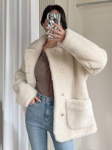 DAZY Áo khoác nữ Teddy hai túi cài hai hàng khuy, Quần áo nữ mùa thu - Màu be - Xem 1