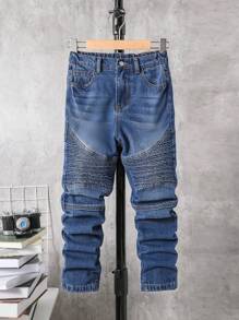 SHEIN 男大童貓須水洗牛仔褲 - 深色水洗藍 - 查看 1