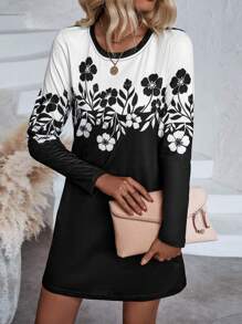 SHEIN LUNE Floral Print Colorblock Tee Dress - Black - View 4