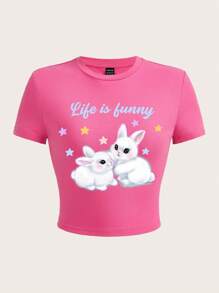 SHEIN EZwear 卡通和標語圖案短款T恤 - 粉色 - 查看 1