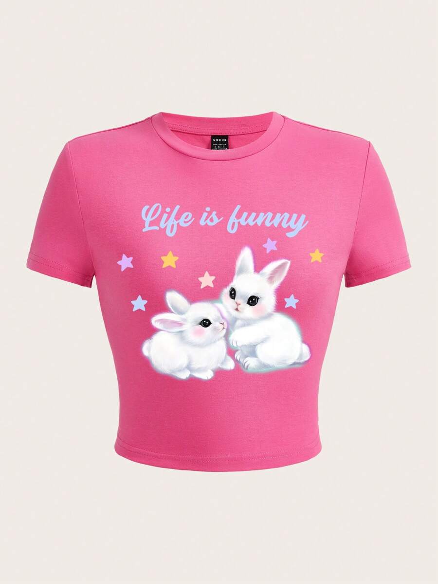SHEIN EZwear 卡通和標語圖案短款T恤 - 粉色 - 查看 1