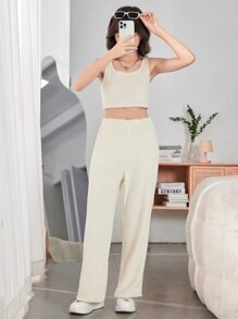 Thiếu niên cô gái Chất rắn Áo ba lỗ & Quần & Áo trùm đầu - trắng - Xem 4