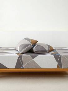 3pcs Fitted Sheet Sets 90g Polyester Fabric Brushed With Geometric Element Pattern, Include 1 Fitted Sheet And 2 Pillowcases