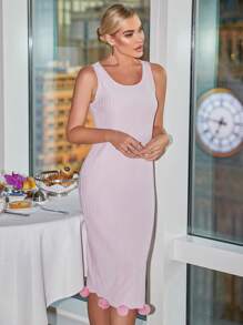 Chất rắn Pom-pom Dệt kim Waffle Xe tăng Váy ngủ - Màu Hồng baby - Xem 1