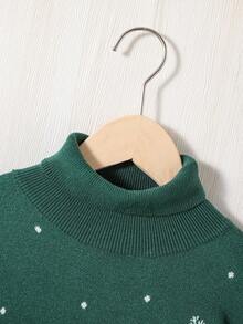 SHEIN 女大童聖誕圖案高領落肩毛衣 - 墨綠色 - 查看 3