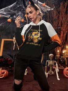 PUNK Halloween Print Raglan Sleeve Drawstring Hoodie - Black - View 6