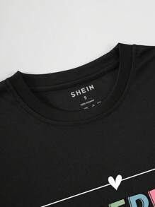 SHEIN EZwear 標語圖案落肩T恤 - 黑色 - 查看 4