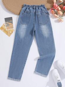 SHEIN 女大童紙袋腰反摺褲腳直筒牛仔褲 - 中等水洗藍 - 查看 2