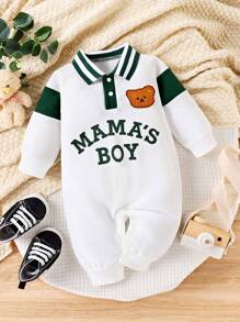 男嬰小熊貼片字母圖案撞色領 Polo 領連身褲 - 白色 - 查看 1