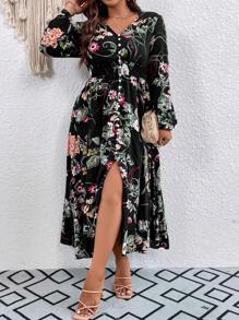 SHEIN LUNE Plus Floral Print Lantern Sleeve Split Thigh Dress - Black - View 5