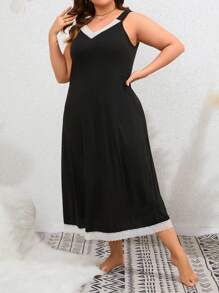 Plus Contrast Lace Cami Pajama Nightdress, Long Dress - Black - View 6