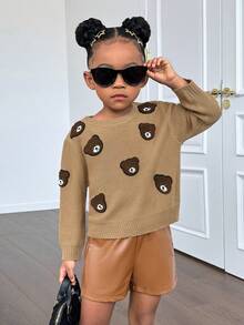 SHEIN Cô Gái Trẻ Bản vá Gấu Thả vai Áo len - Màu nâu  Mocha - Xem 4