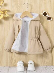 SHEIN Veste à capuche décontractée pour bébé fille de couleur kaki à cordon de serrage à la taille et doublure thermique, veste à capuche pour bébé fille avec détail à rabat, hiver