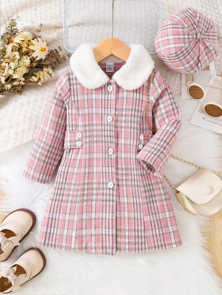 Baby Girl Plaid Print Borg Collar Coat & Hat