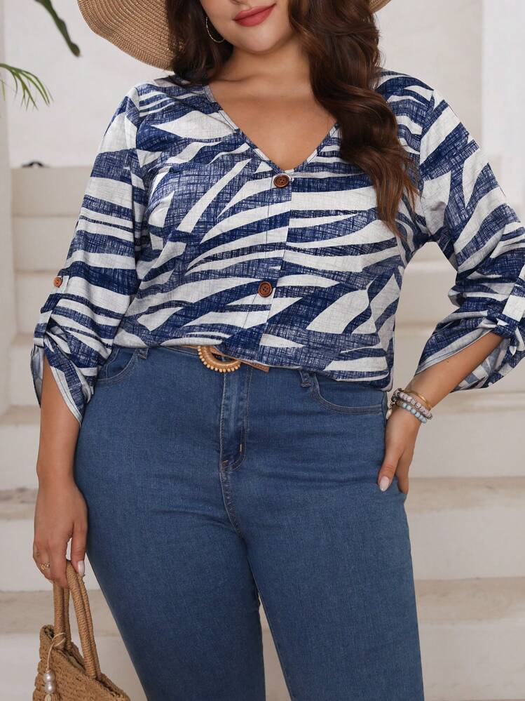 SHEIN LUNE 大碼滿版印花前紐扣襯衫 - 藏蓝色 - 查看 3