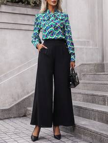 SHEIN Clasi Allover Print Tie Neck Blouse & Wide Leg Pants - Multicolor - View 3
